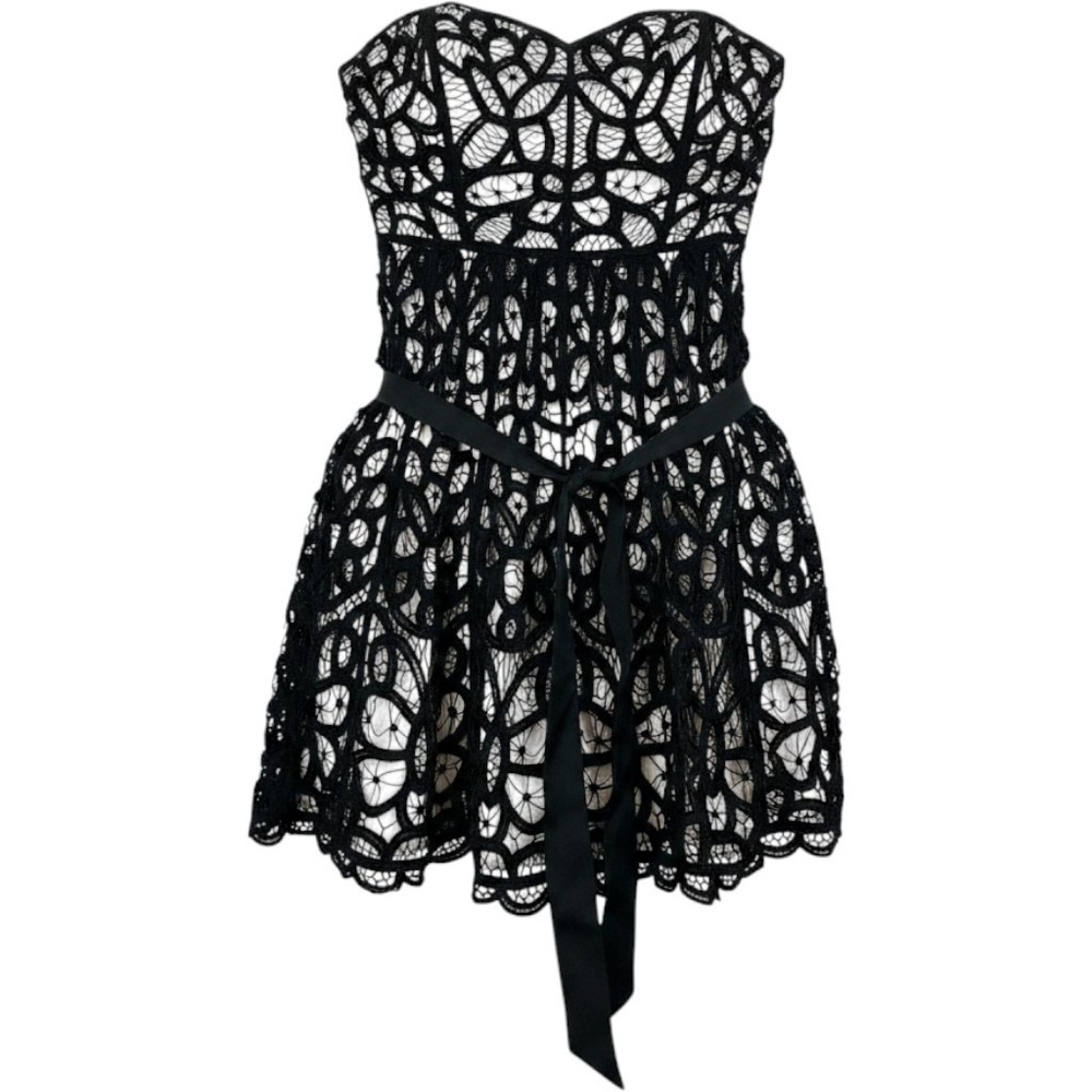 Betsey Johnson Black Lace Satin Ribbon Strapless Mini Dress Sweetheart Vintage